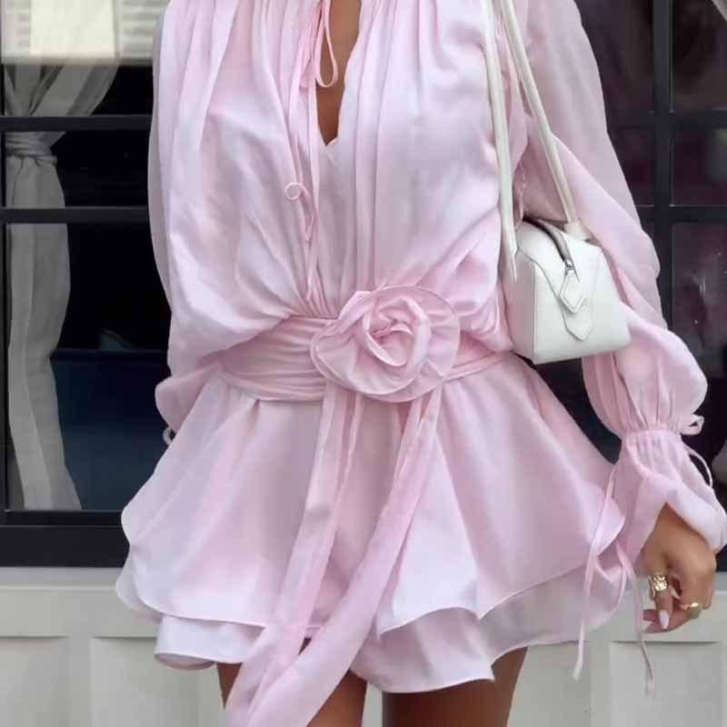 Floral Ruffled Hem, Flared Sleeves, Lace-up Mini Dress