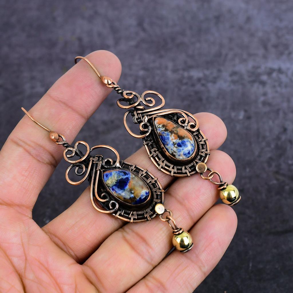 Natural Sodalite Gemstone Handmade Copper Wire Wrap Jewelry Earring 3.47" S9L59