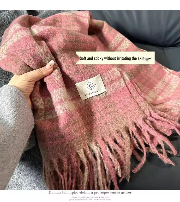 Korean Style Thick Pink Plaid Scarf for Women - Autumn/Winter Neck Warmer