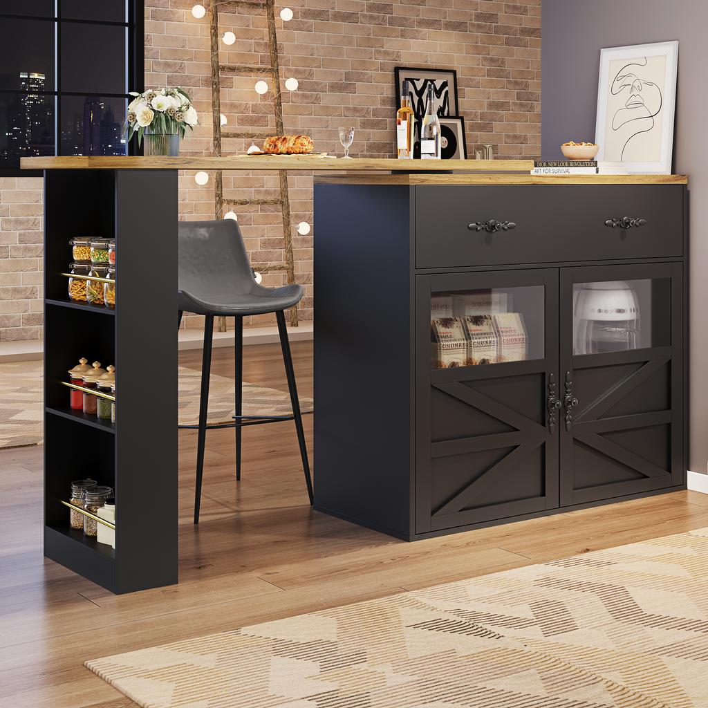 Extendable bar table with storage (138-204×39×104cm), 360° rotatable dining bar, kitchen island bistro table, sideboard cabinet with shelves, black