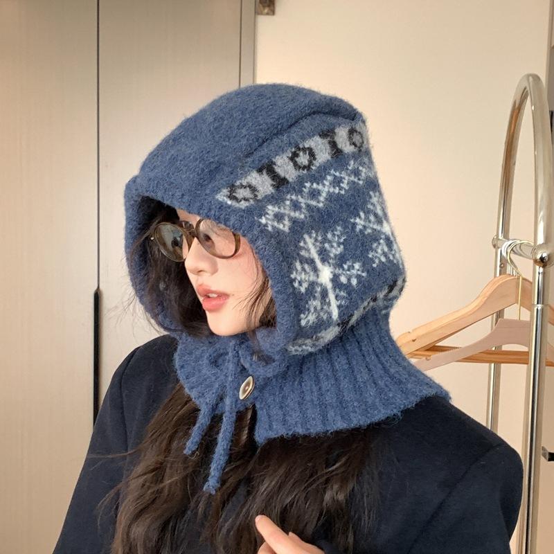 

Fair Island retro snowflake balaclava hat women s autumn and winter thickened warm and cold-proof wool ear hat M（56-58cm） червоний