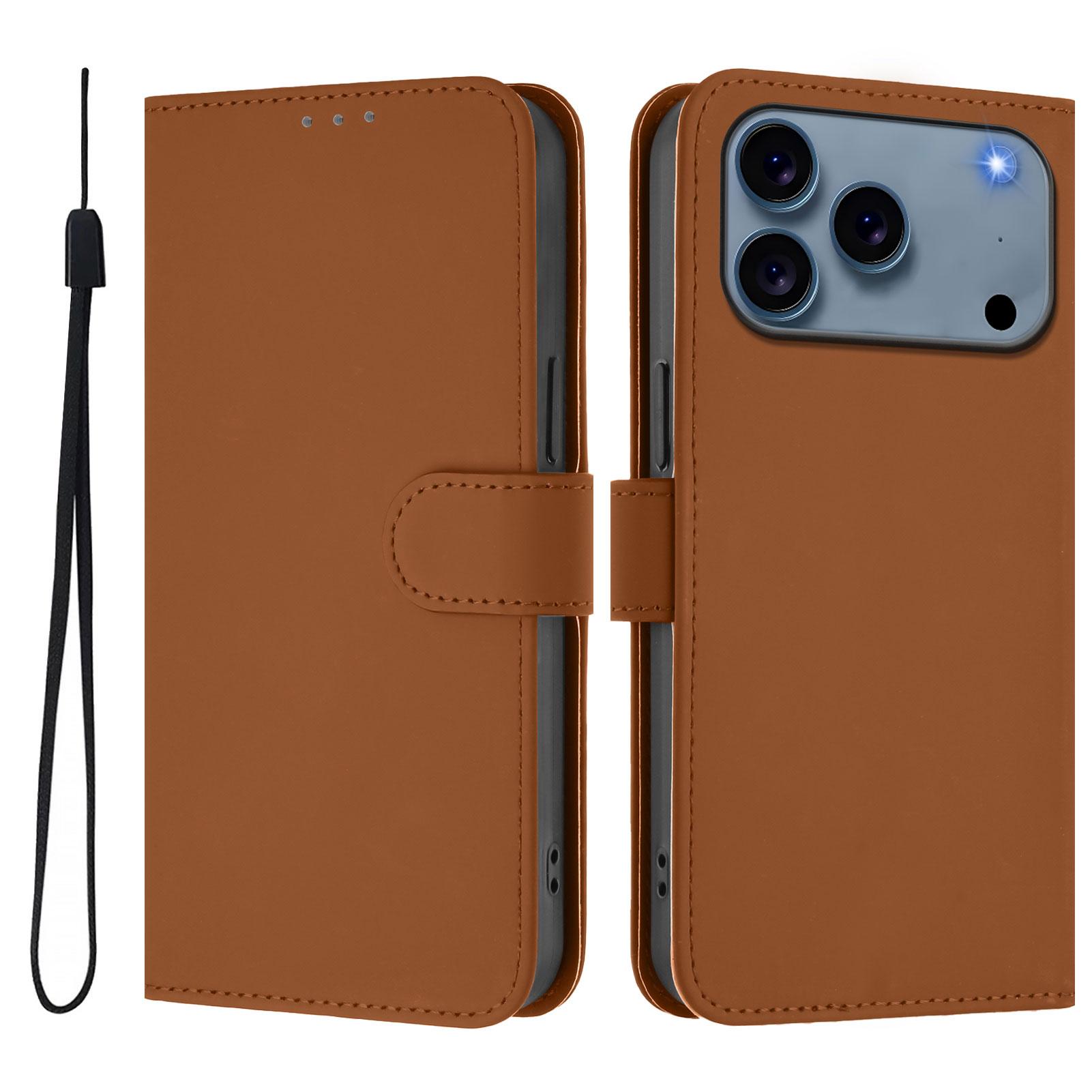 

For iPhone 17 Pro Max Case Solid Color Wallet Leather Phone Cover with Strap Brown