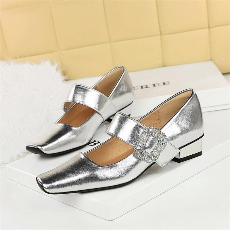 

European American Style Banquet Suede With One Strap Marie Zhen Rhinestone Thick Heel Low Heel Square Toe Single Women Shoes 34