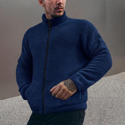 Men Winter Coat Stand Collar Long Sleeve Solid Color Thickened Plush