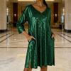 Women's Sequin Mini Dress Glitter 3/4 Sleeve V-Neck Dress Sparkly Cocktail Party Club Split Dress with Pockets