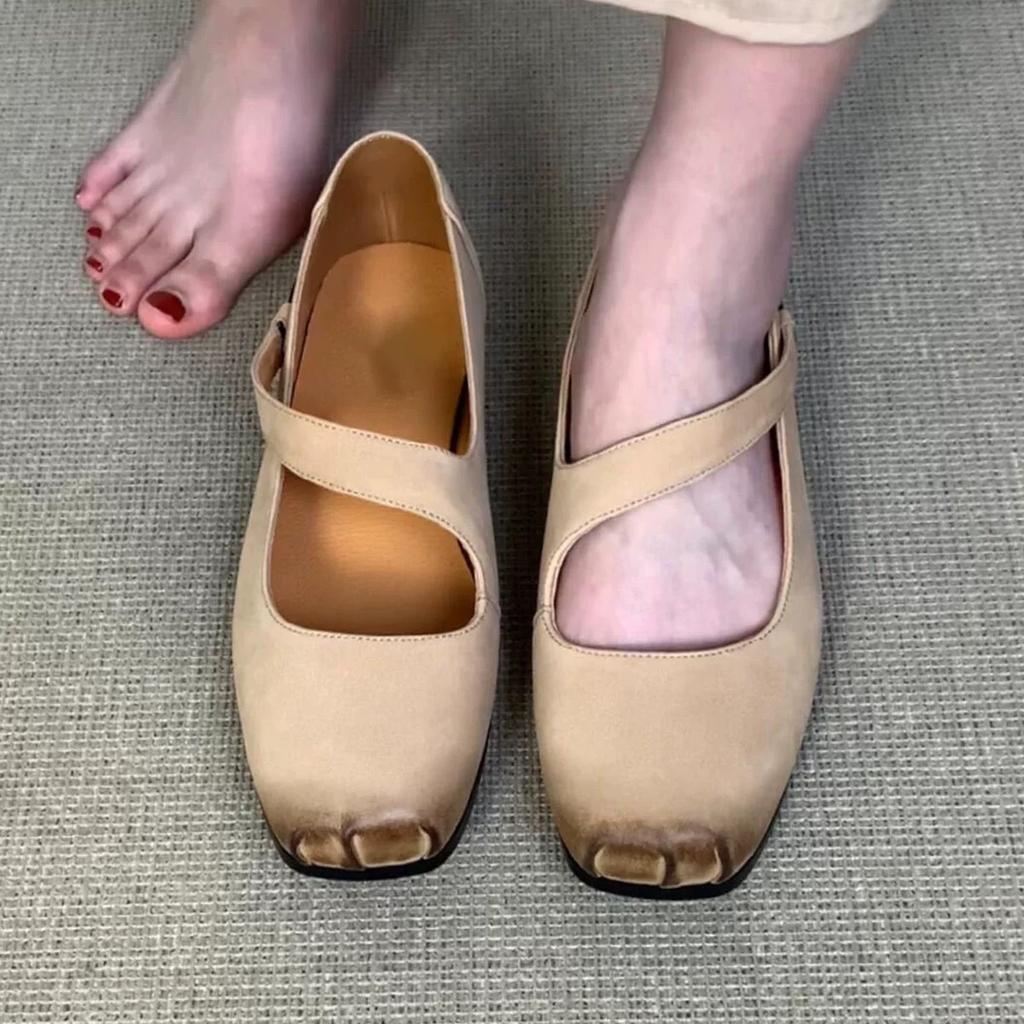 2025 new soft-soled ballet shoes, square head flat-soled French single shoes for women, retro Mary Jane pig nose shoes for women