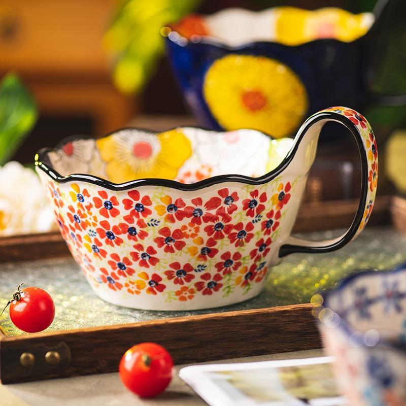 Hand-painted handle bowl Ceramic tableware bowl Household new retro soup bowl Instant noodle bowl Large bowl Salad bowl