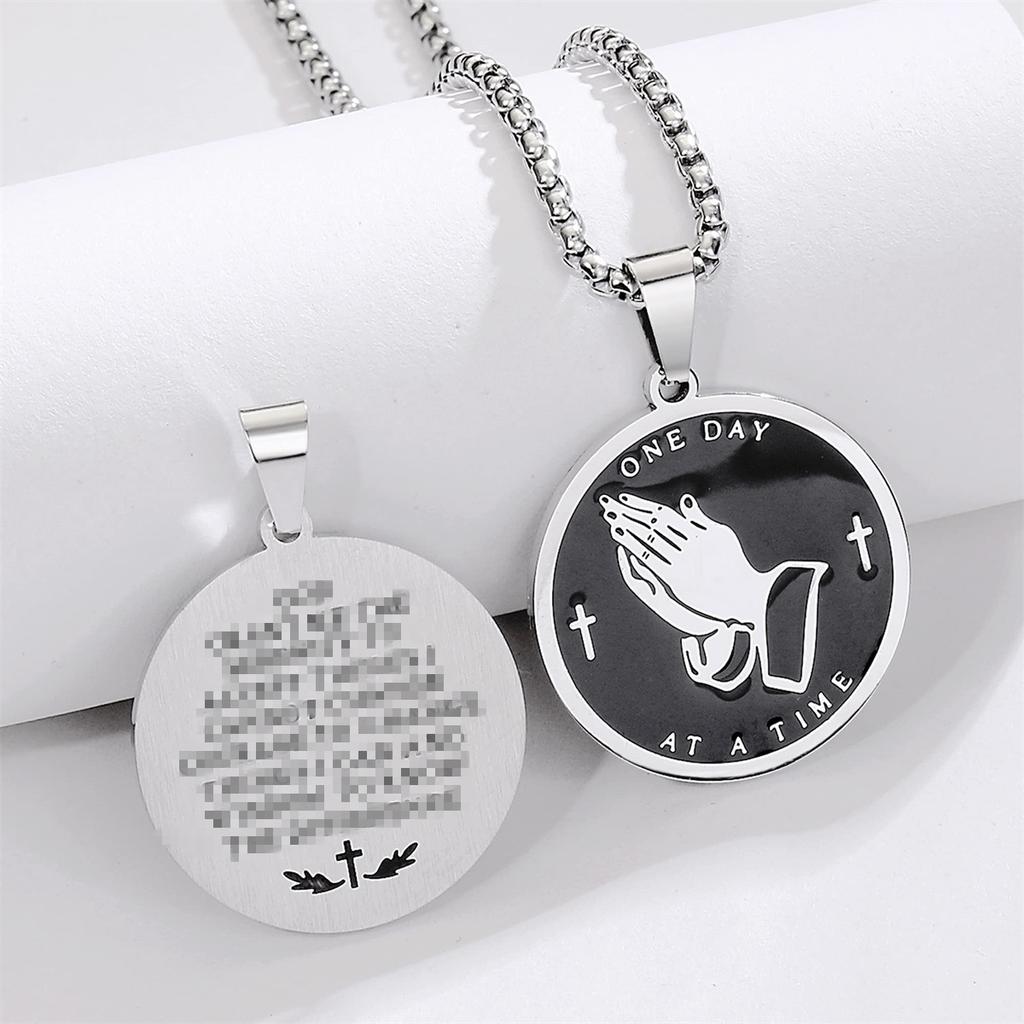Stainless Steel Round Pendant Necklace, Steel Praying Hand Round Pendant Necklace, for Both Men and Women