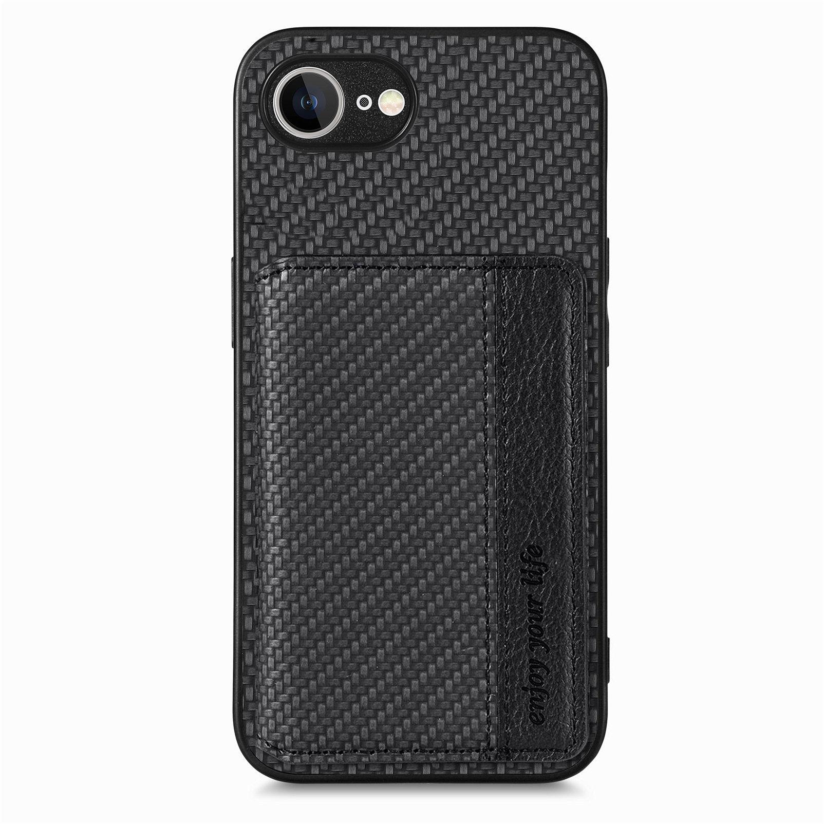 

For iPhone 16e Case RFID Blocking Carbon Fiber Leather Phone Back Cover with Card Holder Black