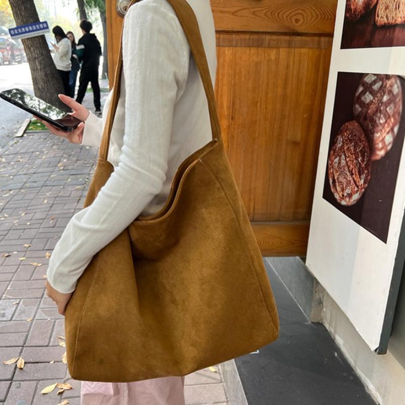Suede Tote Bag for Women Autum Winter Frosted Casual Large Capacity Commuting Shoulder Bags Vintage Solid Versatile Handbags