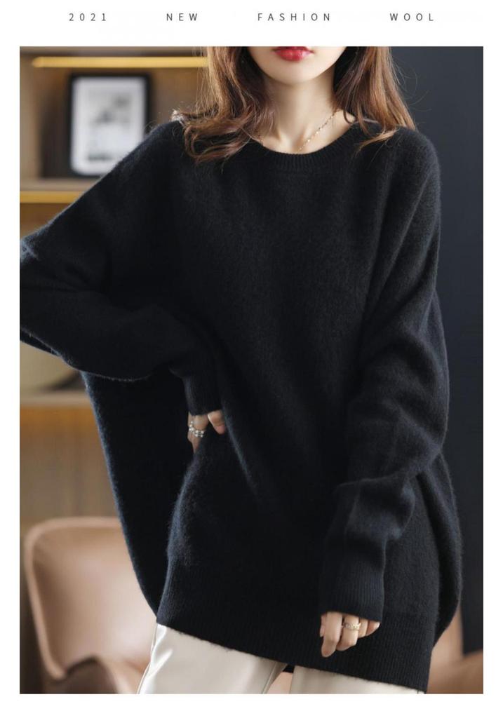 Women's Mid-Length Loose Knit Pullover: Round Neck, Drop Shoulder, Long Sleeve, Solid Color, Autumn/Winter Korean Style.