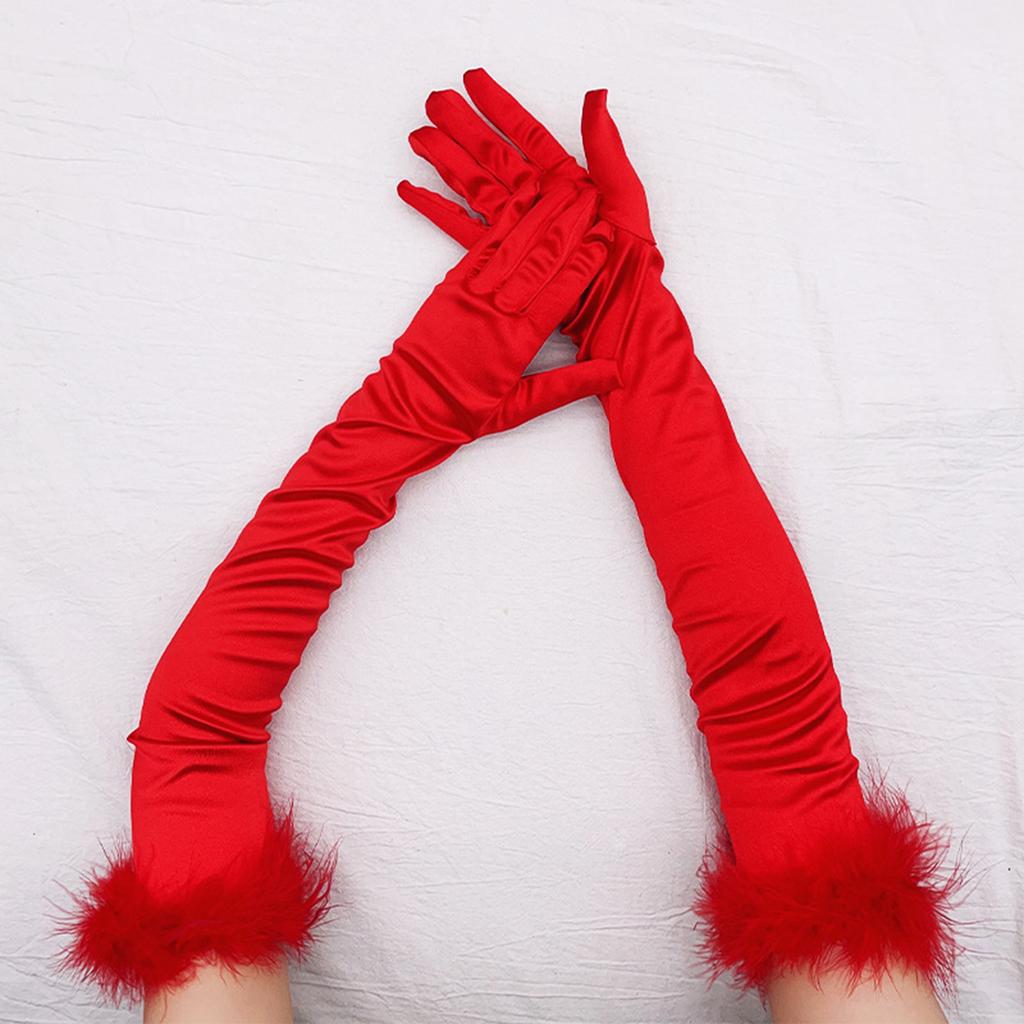 Feather Cuffs Long Sleeve Gloves Banquet Dress Gloves Solid Color Warm Satin Elastic Summer Spring Driving Gloves