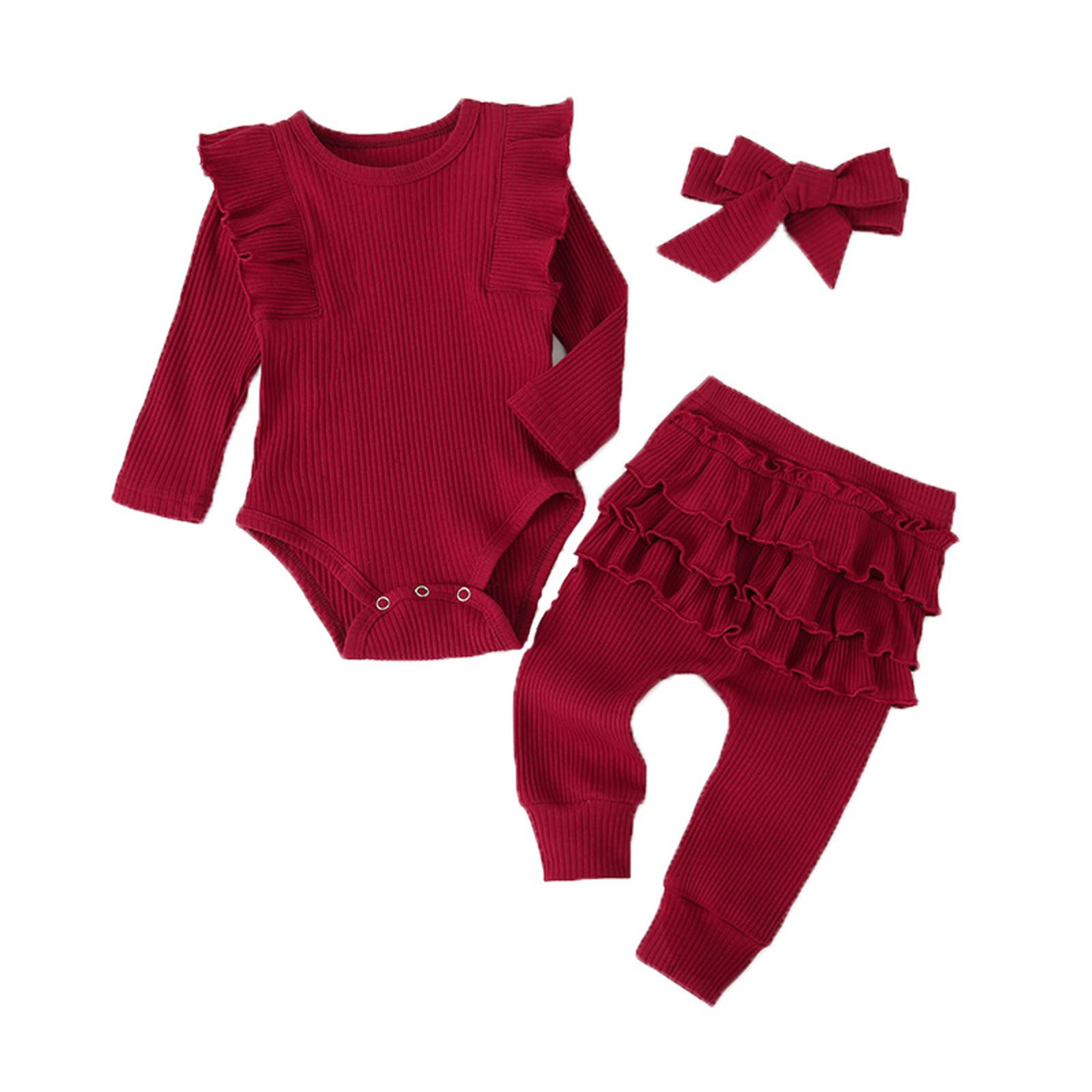 

Toddler Kids Ruffle Romper Ruffle Pants + Headbands Outfits 100 винный