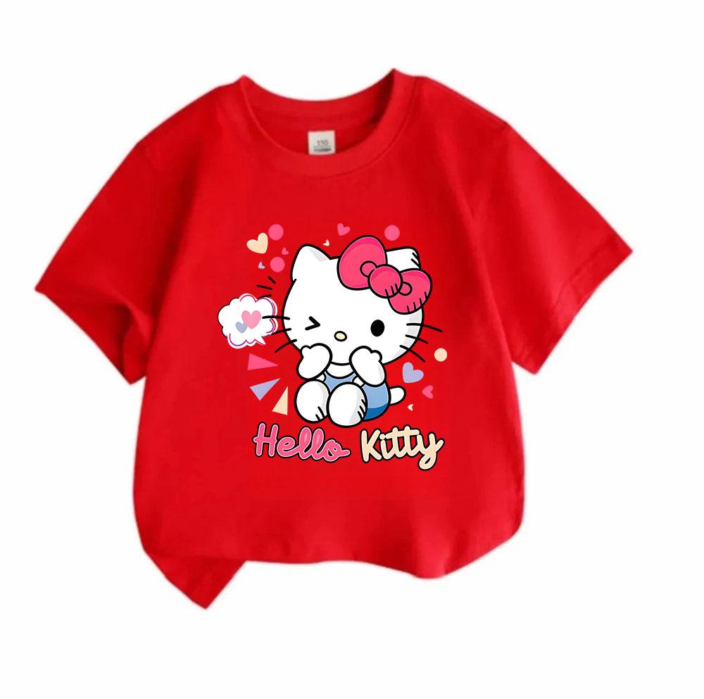 Kids Boys Girls Crew Neck Short Sleeve 100% Cotton T-Shirt, Cute Winking Cat Print Casual Soft Breathable Tee for Little Children Daily Wear Party Hol