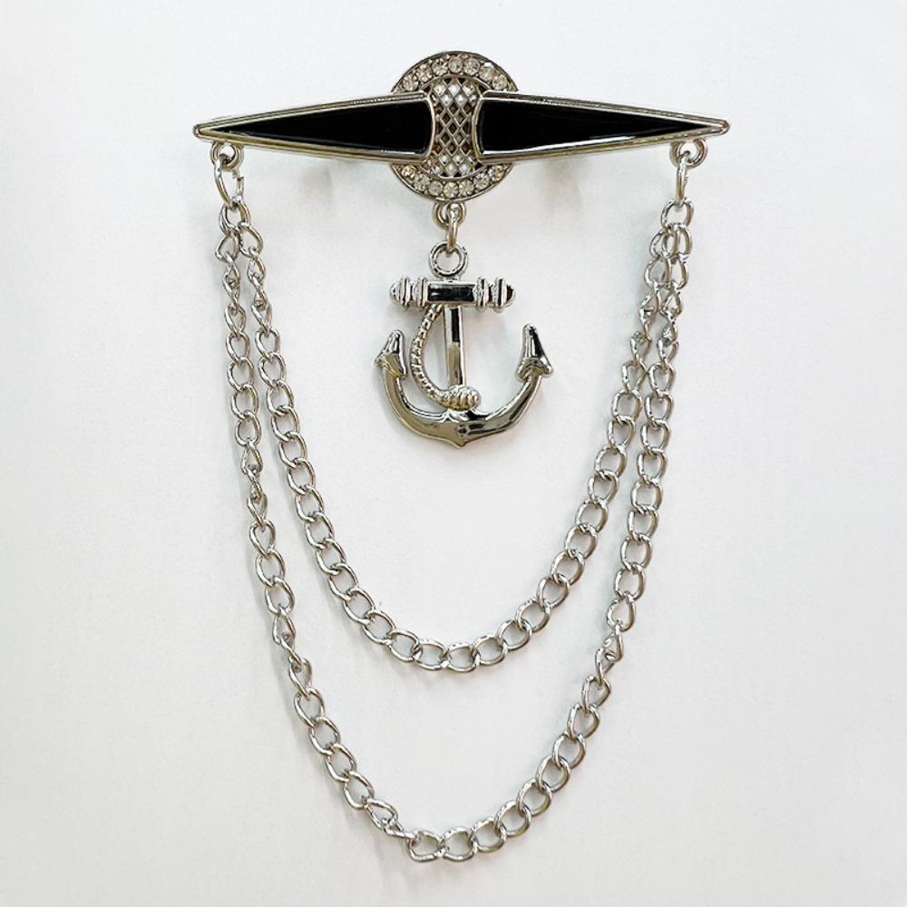 Anchor Alloy Rhinestone Brooch Pin British Style Suit Elegant Tassel Chain Lapel Pins for Men Women Fashion Jewelry Accessories