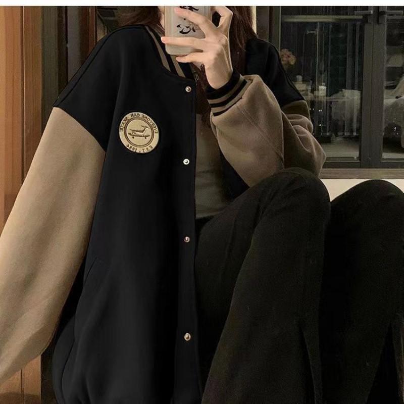 Womens Oversized Baseball Jacket Warm Loose Hoodie Cardigan Casual Streetwear With Embroidered Patch