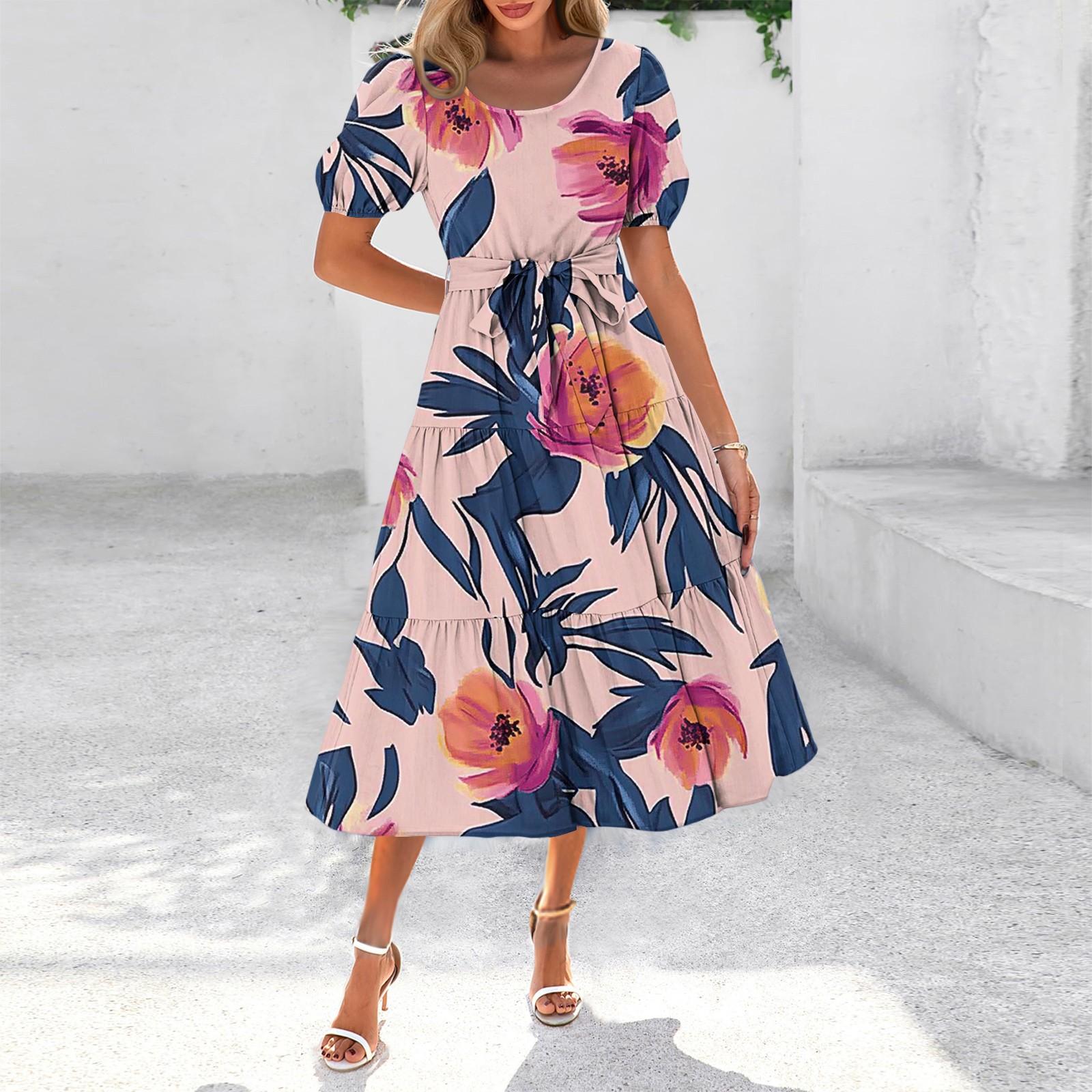 

Женское летнее платье макси с коротким рукавом, круглым вырезом, поясом и карманами в стиле бохо с струящейся отделкой XL арбуз красный