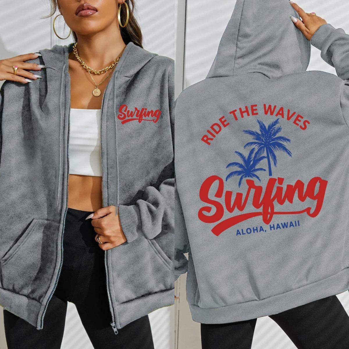 

Ride The Waves Surfing Aloha Hawaii Coconut Tree Print Women Zipper Hoodie Y2K Loose Hoody Sportswear Autumn Fleece Top S