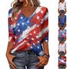 Women's Fashionable Casual Independence Day American Flag and Stars Print V-Neck Three-Quarter Sleeve T-Shirt Top