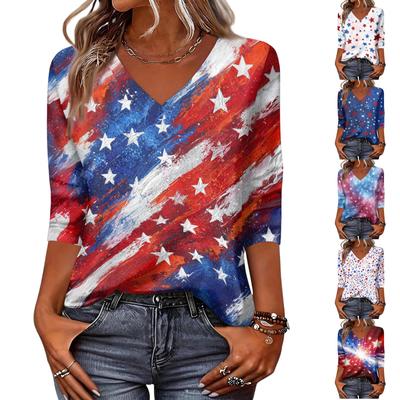 Modisches Lässiges Damen-T-Shirt Top mit Amerikanischer Flagge und Sternen Print, V-Ausschnitt, Dreiviertelärmel, zum Unabhängigkeitstag