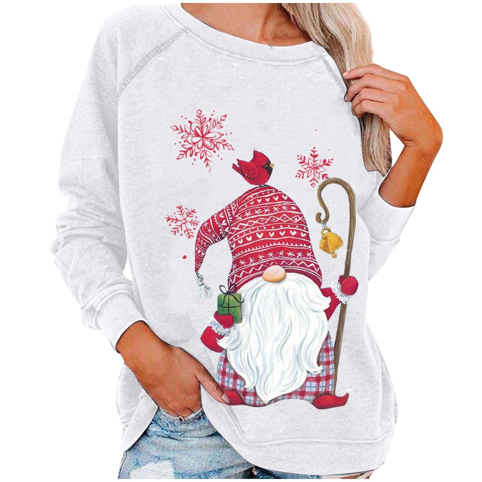

Модный женский свободный свитер с длинным рукавом с рождественским принтом и флисовым верхом S белый