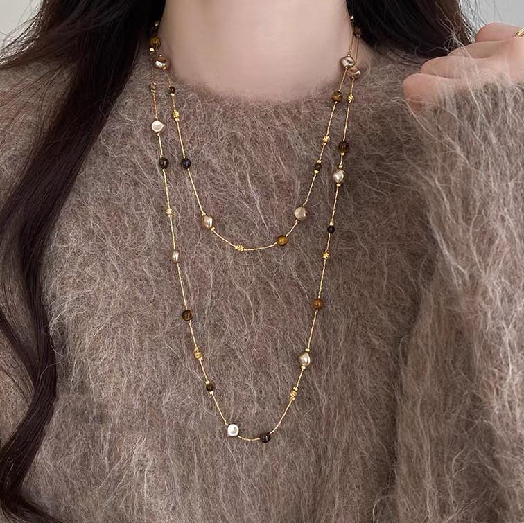 Tiger Eye Stone Multilayer Geometric Necklace With Beaded Chain For Women And Men