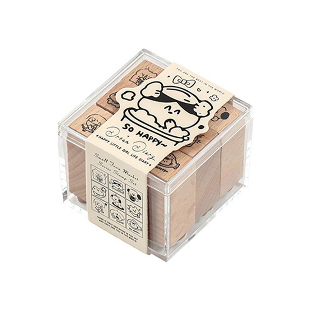 9pcs Vintage Wooden Rubber Stamps Clear Cartoon Patterns Beech Material for Paper Crafting Letters Diary Greeting Cards