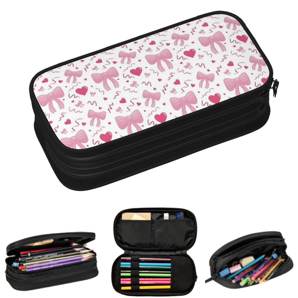 Pink Hearts And Bows Pattern Pencil Cases for Students Gifts Pen Box Pencil Bag Large Storage Pencil Pouch