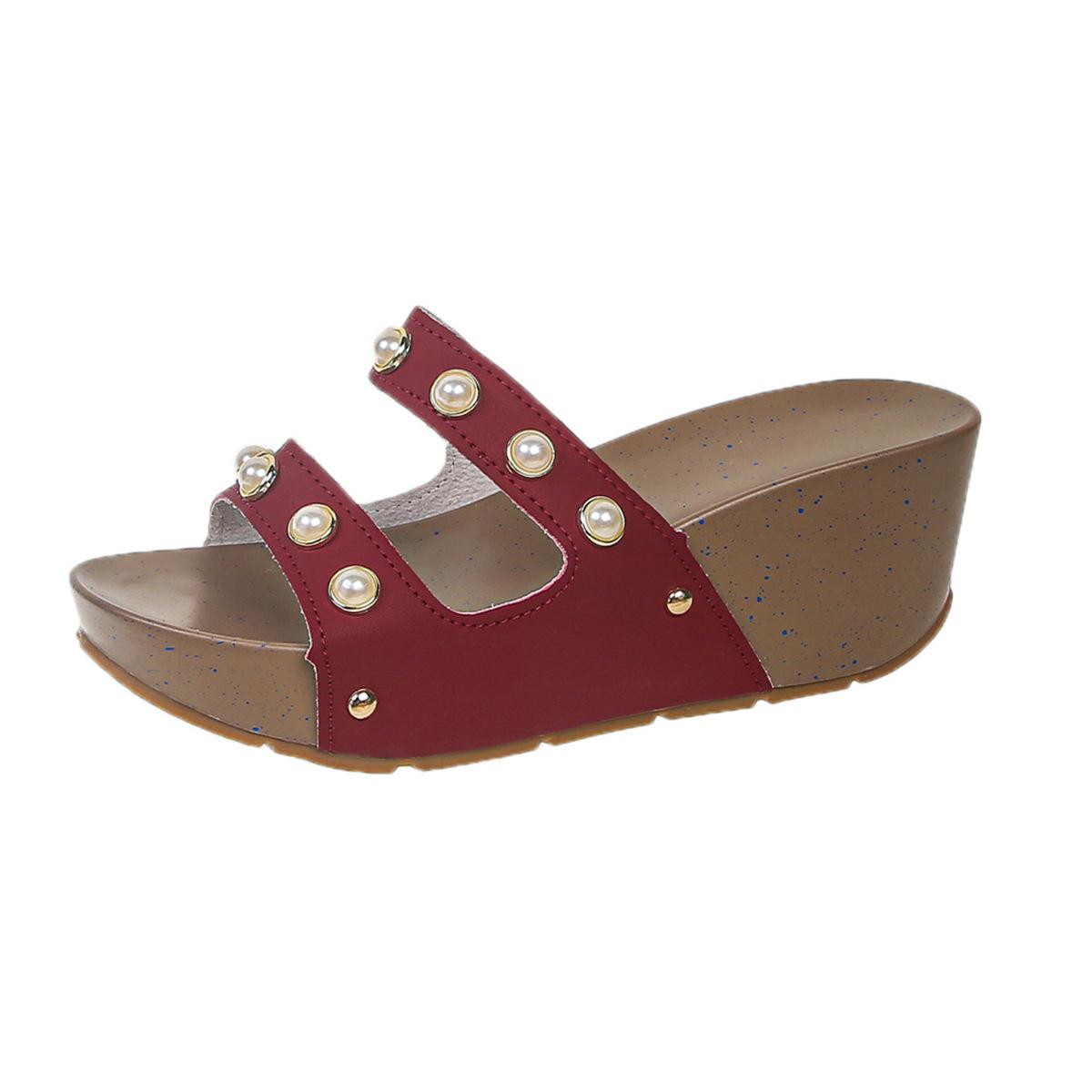 

Ultra light large size non-slip bottom summer 22 new thick bottom heightening word with pearl slippers 43 бордовий