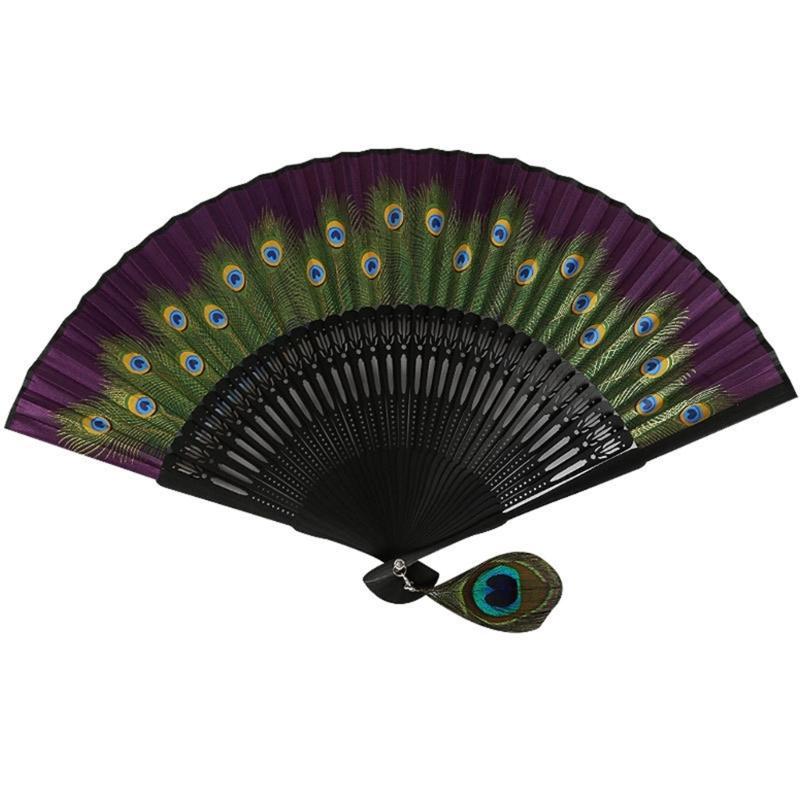 Vintage Feathered Pattern Handheld Fan Wood Folding Fan Vintage Folding Hand Fan for Women Weddings and Dance Parties