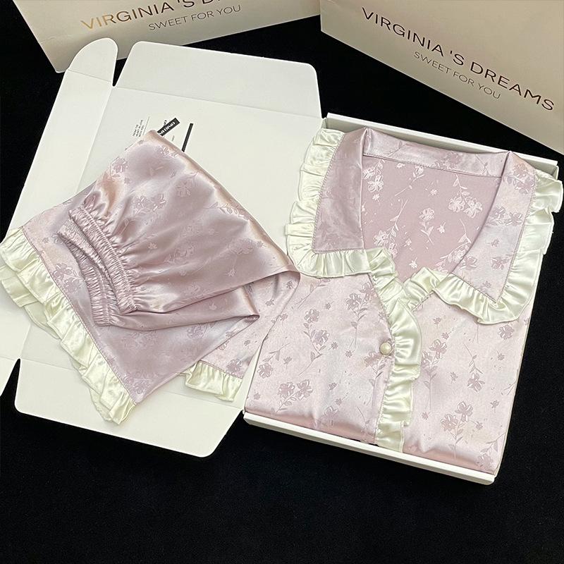 French Floral Ice Silk Long-Sleeve Ruffle Pajamas for Women - Spring & Autumn