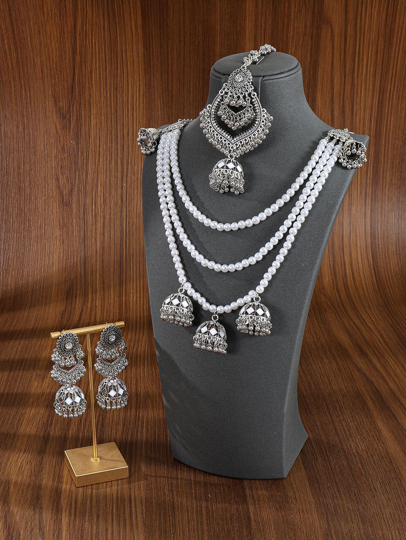 European & American Multi-layer Pearl Rhinestone Tassel Necklace, Earrings, and Head Chain Jewelry Set for Women белый