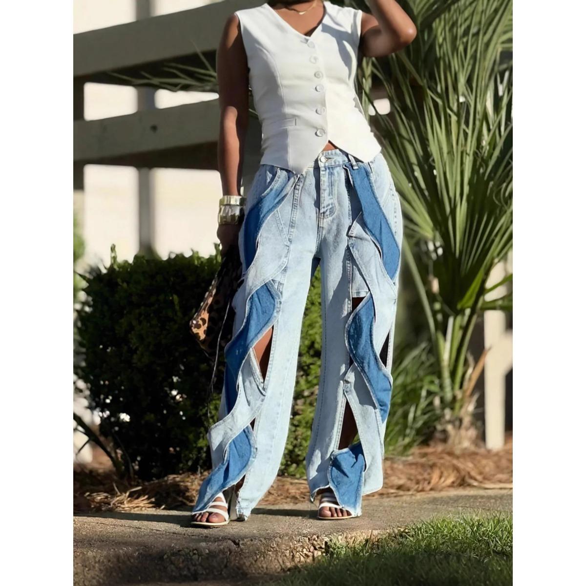 

Euramerican Loose Fried Dough Twists Color Contrast Splicing Knot Hollow Straight Jeans for Women S