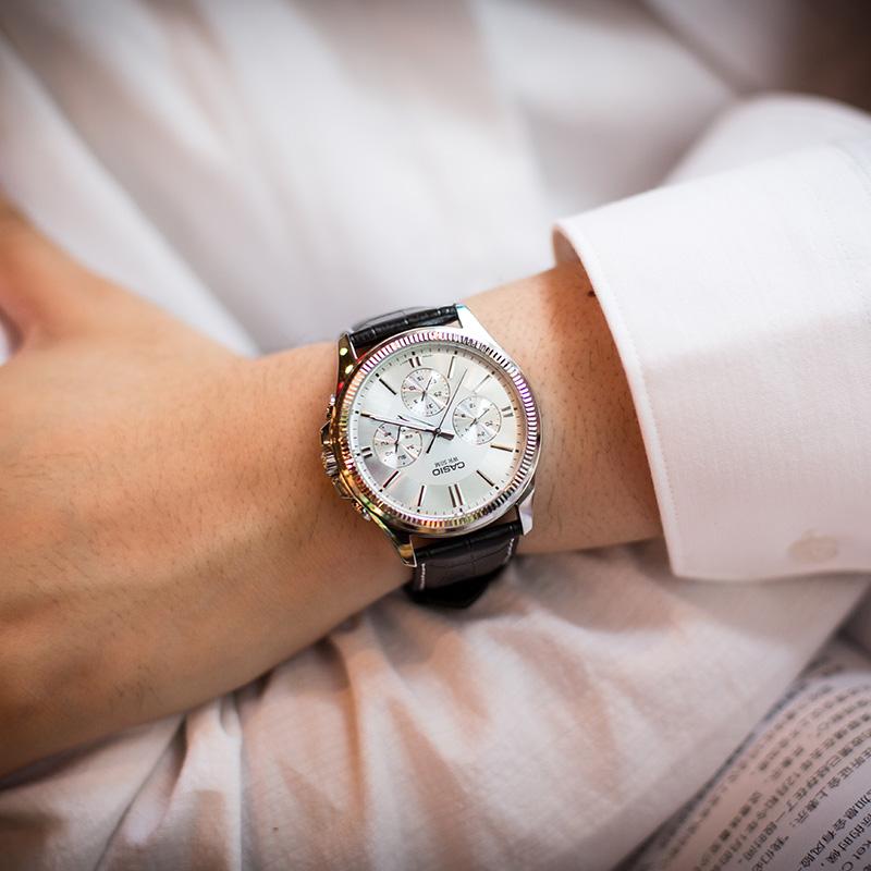 Casio Standard Series Unicorn Minimalist Fashion Waterproof Watch Three Dials Six Eyes Quartz Movement Leather Strap Men watches White MTP-1375L-7AVDF