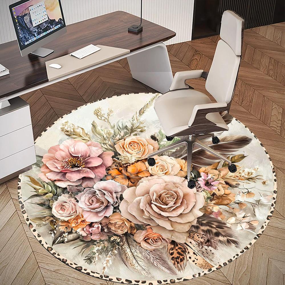 1PC Floral Feathers Office Round Area Rug, Under Office Chairs Bedroom Living Room Home Decor, Carpet for Office -1110110
