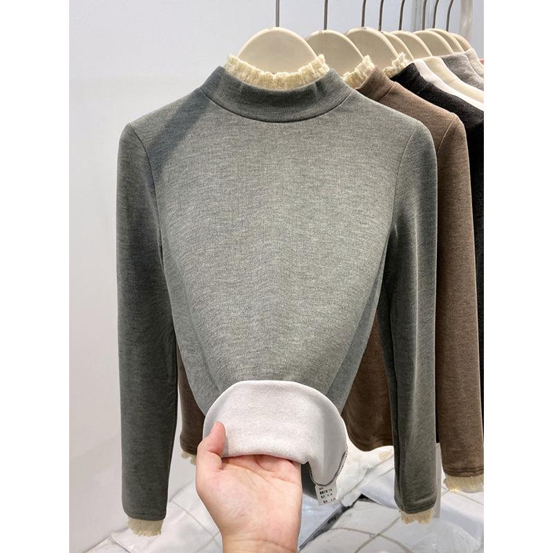 Women's Thick Warm Lace Half-Neck Base Layer Shirt, Autumn/Winter Long-Sleeve Inner Top, High-End Feel