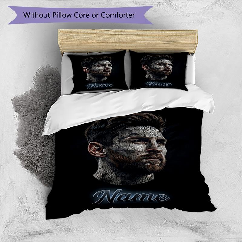 Messi Soccer Star Signature Portrait Personalized Name Bedding Set,Cozy Bed Linen for Teen Boys Bedroom Decoration,Perfect Birthday Gift,Washable Duve