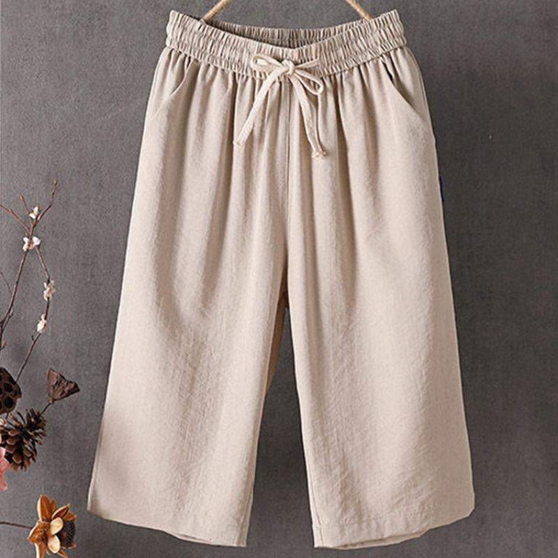Summer New Cool Cotton and Linen Pants, Large Size Casual Pants, Elastic Waist Drawstring Pocket Shorts for Women