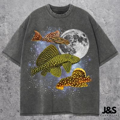 Three Pleco Fish Retro Graphic T-shirts, Funny Aquarium Moon Tee, Exotic Tropical Fish Lovers Shirt, Vintage Colorful Pleco Gift