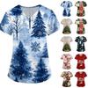 Women's Christmas Printed V-Neck Short Sleeve Caregiver Uniform Top with Pockets, Loose Fit Scrub Shirt for Work