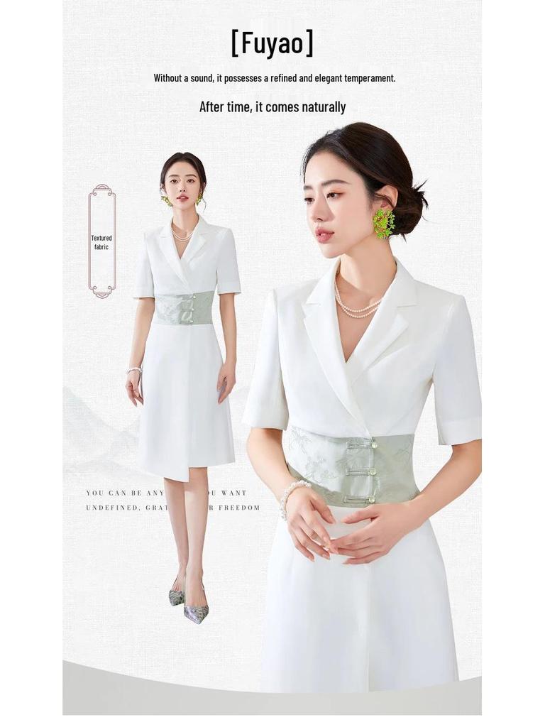 Summer Asymmetrical Color Block Chinese Style Dress - Women's Professional Short Sleeve Workwear