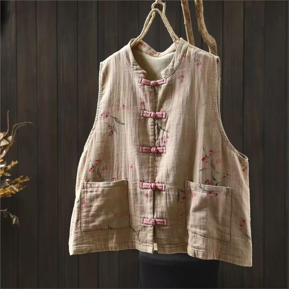 

Johnature Жіночі Вінтажні Пальто з Квітковим Принтом на Ґудзиках Зимові з Кишенями Китайський Стиль Жіночі Вільні Безрукавки One Size