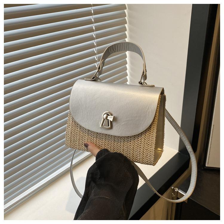 Woven Splicing Fashionable Personalized Lock 2025 Foreign Style Summer New Straw Crossbody Shoulder Portable Small Square Women's Bag