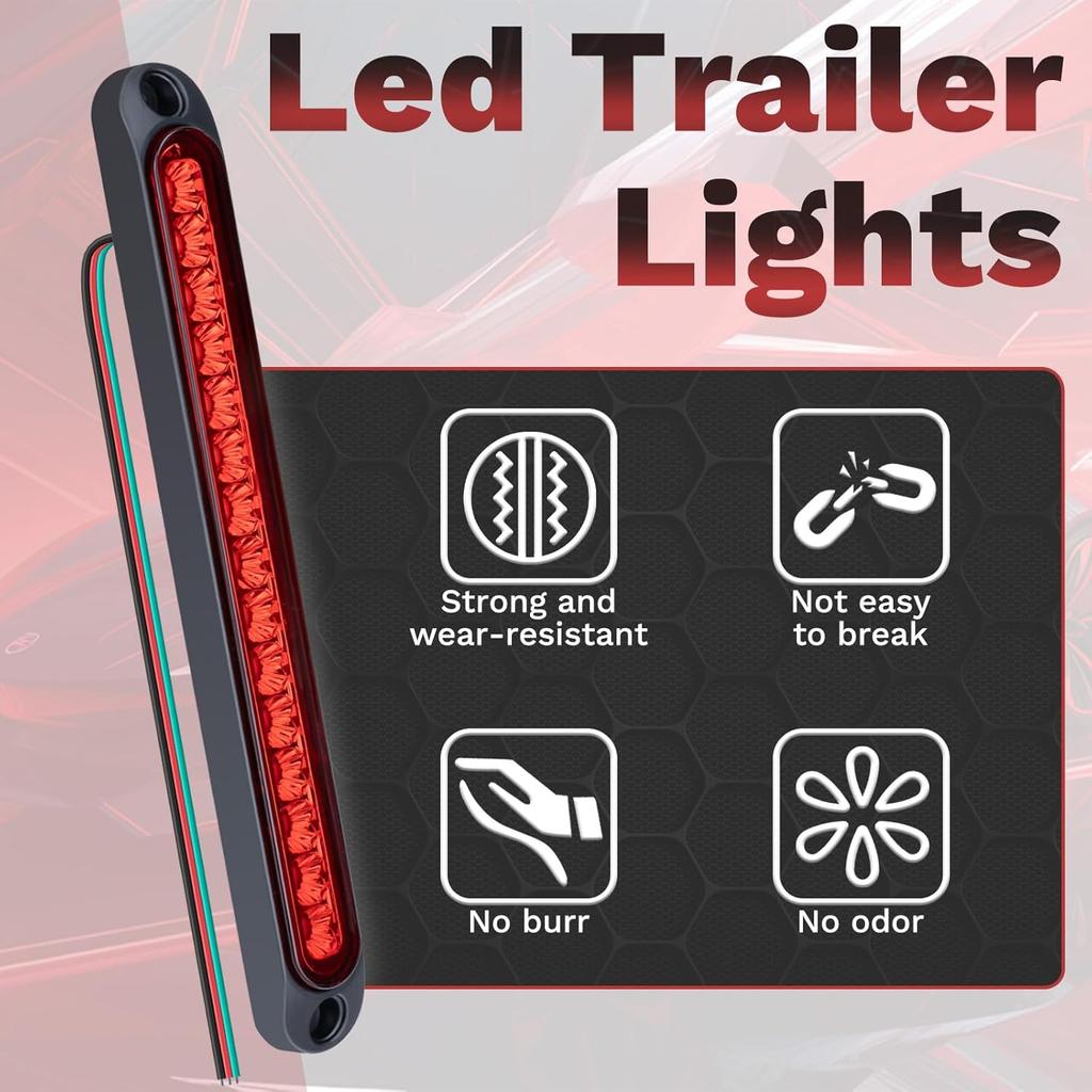 2 PCS Led Trailer Tail Light Bar, 10 Inch 15 Red Led Brake Lights Strip Assembly, IP67 Waterproof Trailer Light Kit For Golf Cart, For Marine Boats