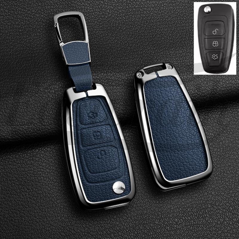 Auto Zinc Alloy Genuine Leather Key Fob Cover Case Mount Fit For Ford Fiesta Iv Focus Galaxy Fusion Mondeo Iv B-Max C-Max S-Max Kuga Ecosport