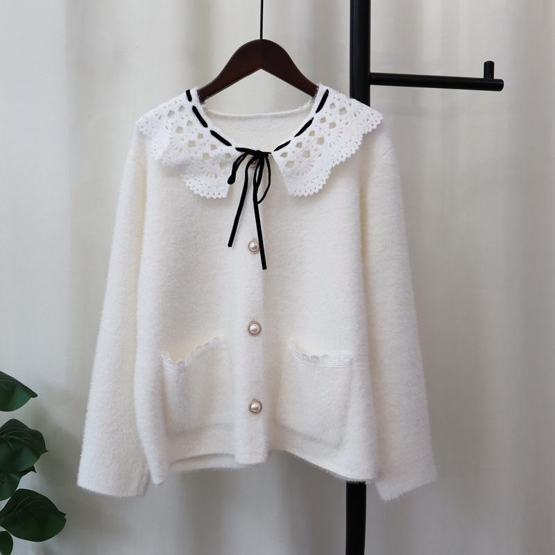 Splicing lace imitation mink fleece sweater jacket for women's autumn and winter new sweet age-reducing knitted cardigan for women