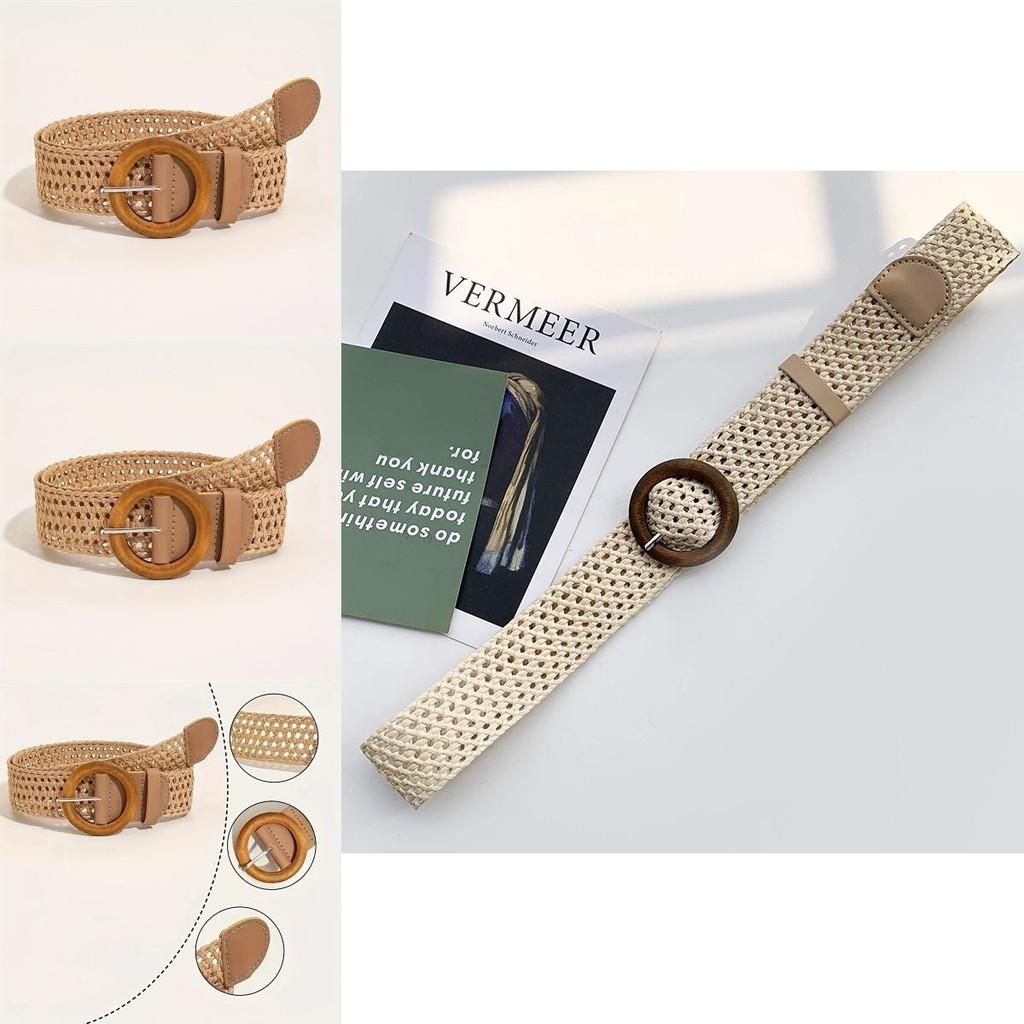 Vintage Style Woven Cotton Linen Belt With Circular Metal Buckle For Ladies Casual Wear