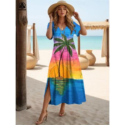 Abiti da Donna Hawaiani 2024 Abiti Midi con Stampa Albero di Cocco Vacanza Abito Manica Corta Femminile Moda Estate Abiti Scollo a V