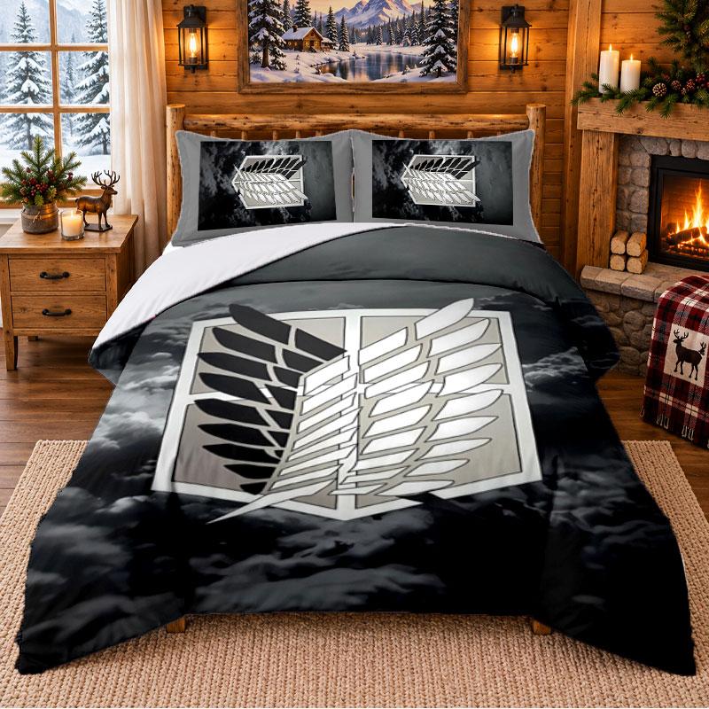 Attack on Titan Muster Bettwäsche 3-teiliges Set Bettlaken und Kissenbezüge für Innen-Schlafzimmer