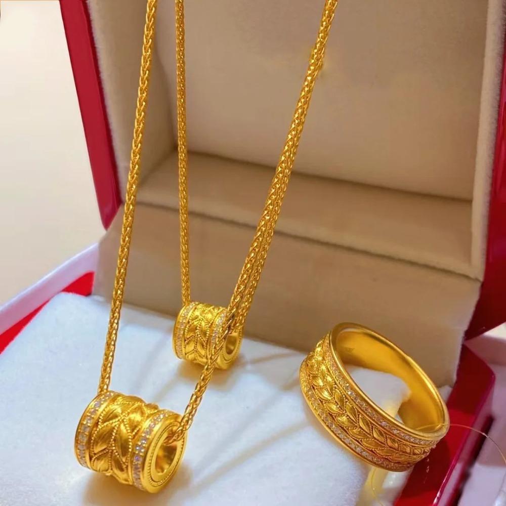 Women Jewelry Set Diamond Pendant Necklace Vintage Barley Ring Elegant Collarbone Chain
